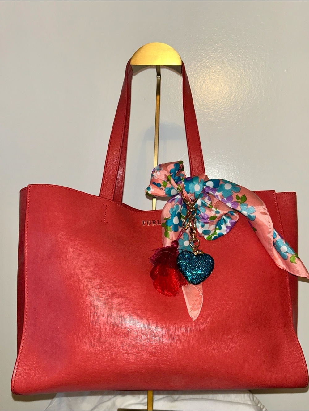 Furla Eden Leather Tote Bag in Bright Poppy. Summer Fun Silk purse charm!